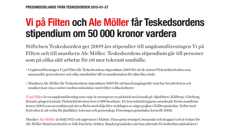 Vi på Filten och Ale Möller får Teskedsordens stipendium om 50 000 kronor vardera