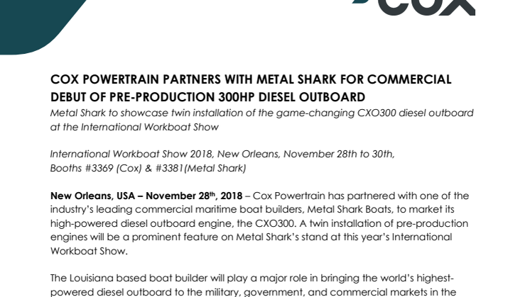 Cox Powertrain partners with metal Shark for Commercial Debut of Pre-Production 300hp Diesel Outboard