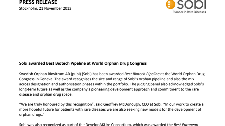 Sobi awarded Best Biotech Pipeline at World Orphan Drug Congress