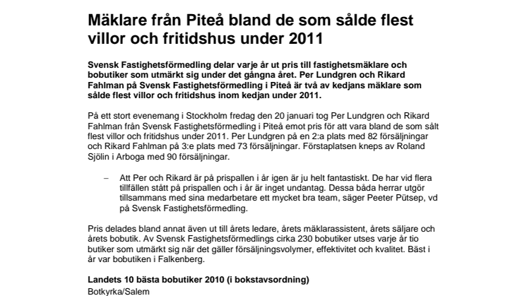 Mäklare från Piteå bland de som sålde flest villor och fritidshus under 2011