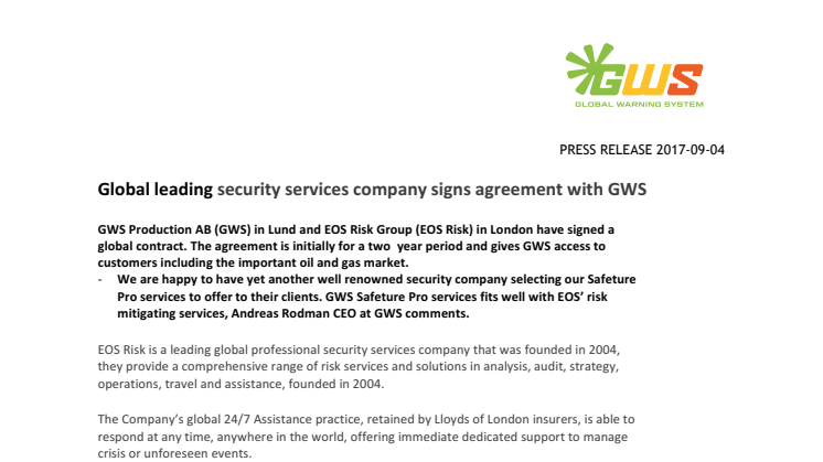 Global leading security services company signs agreement with GWS