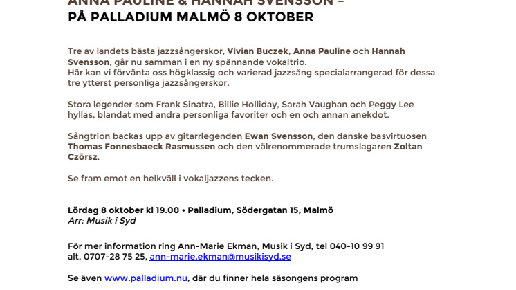 All that Vocal Jazz – Vivian Buczek, Anna Pauline & Hannah Svensson på Palladium Malmö 8 okt
