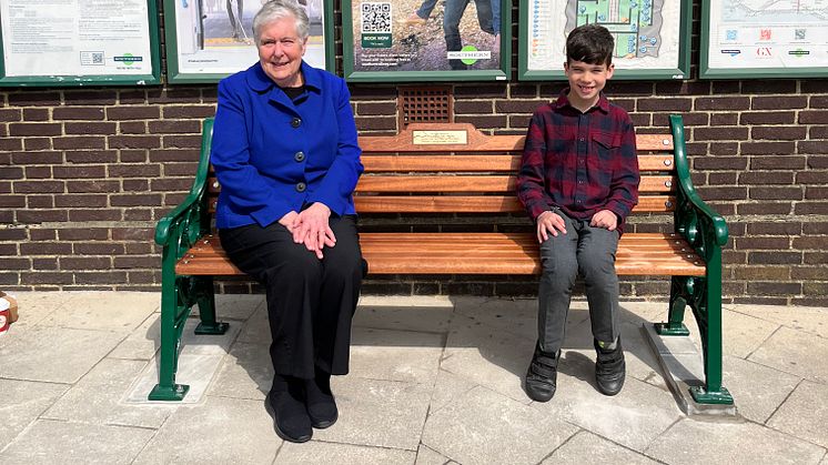 Trevor Tupper’s wife Monica and grandson Felix on the commemorative bench at Chichester