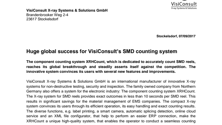 Huge global success for VisiConsult’s SMD counting system