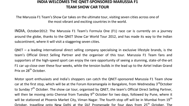 India welcomes the QNET-sponsored Marussia F1 Team Show Car Tour