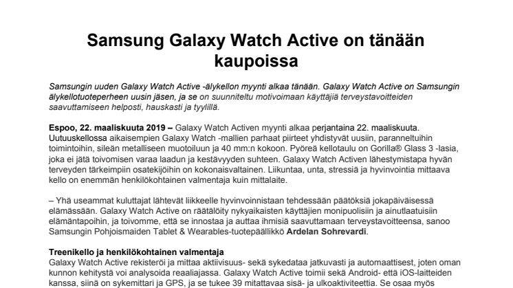 Samsung Galaxy Watch Active on tänään kaupoissa