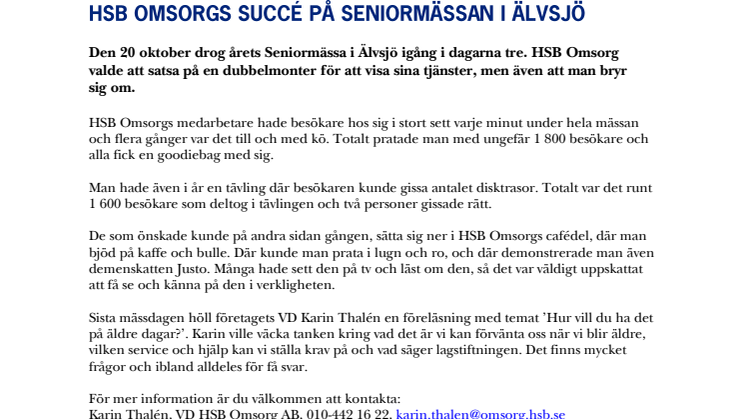 HSB OMSORGS SUCCÉ PÅ SENIORMÄSSAN I ÄLVSJÖ