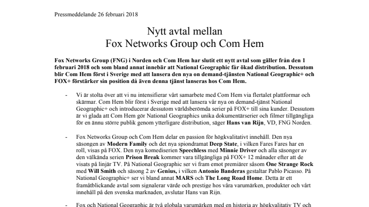 ​Nytt avtal mellan Fox Networks Group och Com Hem
