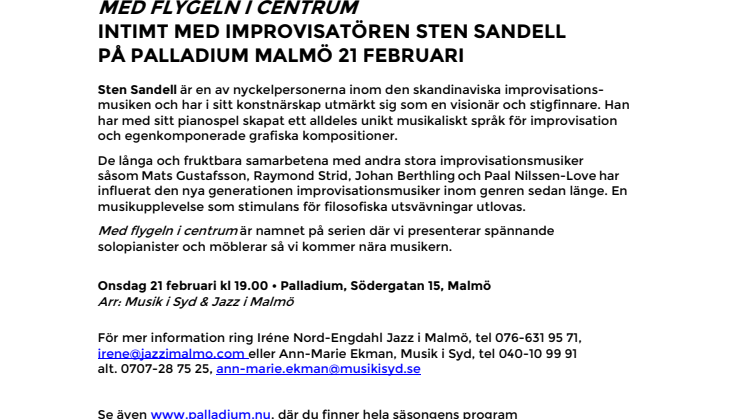 Med flygeln i centrum – Intimt med improvisatören Sten Sandell på Palladium Malmö 21 februari