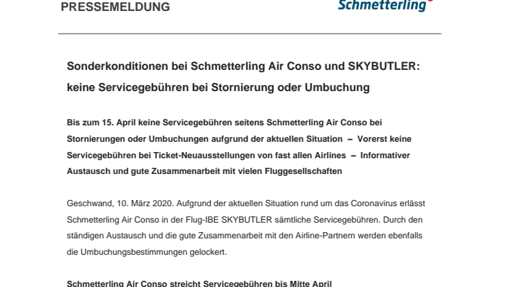 Sonderkonditionen bei Schmetterling Air Conso und SKYBUTLER: keine Servicegebühren bei Stornierung oder Umbuchung
