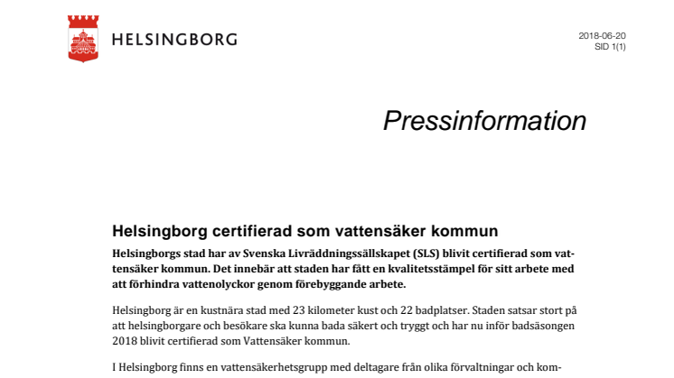 Helsingborg certifierad som vattensäker kommun