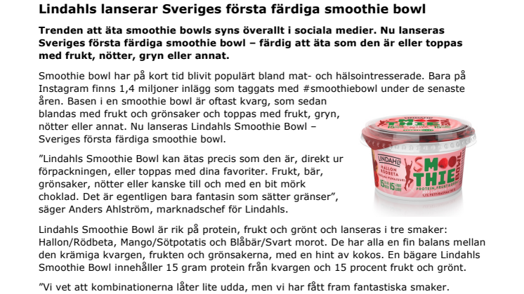Lindahls lanserar Sveriges första färdiga smoothie bowl 