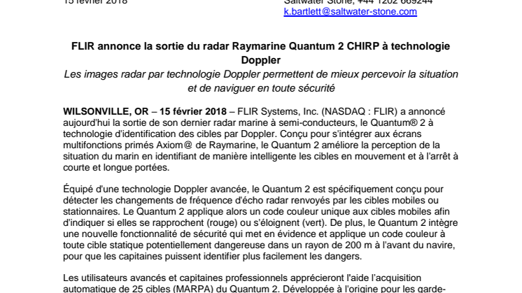 Raymarine: FLIR annonce la sortie du radar Raymarine Quantum 2 CHIRP à technologie Doppler 