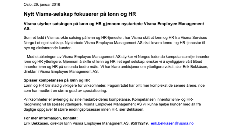 Nytt Visma-selskap fokuserer på lønn og HR