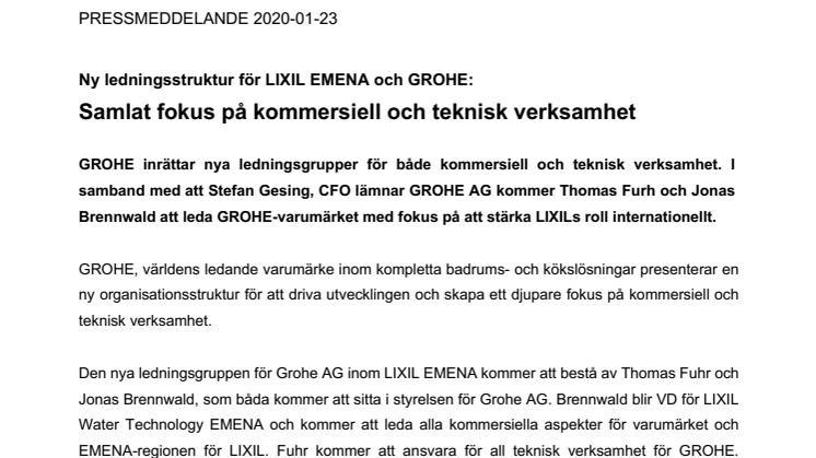Ny ledningsstruktur för LIXIL EMENA och GROHE: Samlat fokus på kommersiell och teknisk verksamhet