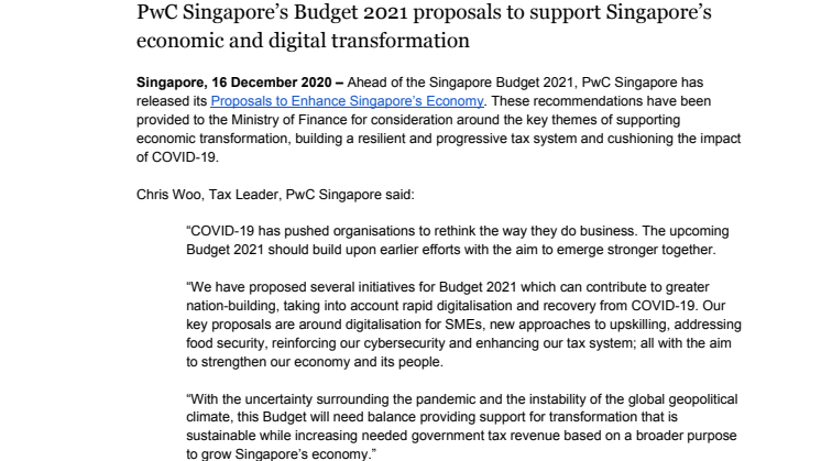 PwC Singapore’s Budget 2021 proposals to support Singapore’s economic and digital transformation