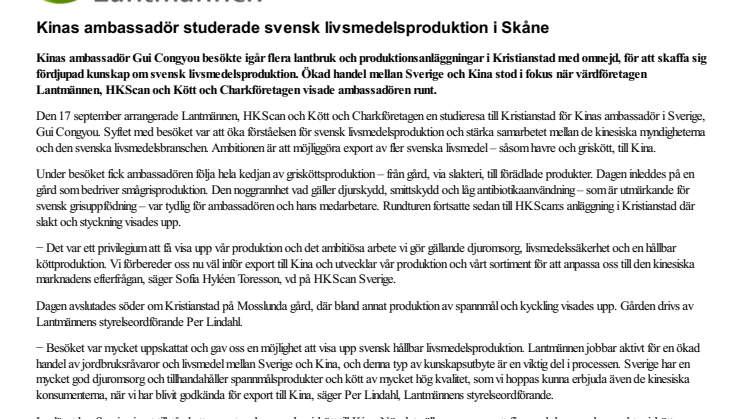 Kinas ambassadör studerade svensk livsmedelsproduktion i Skåne