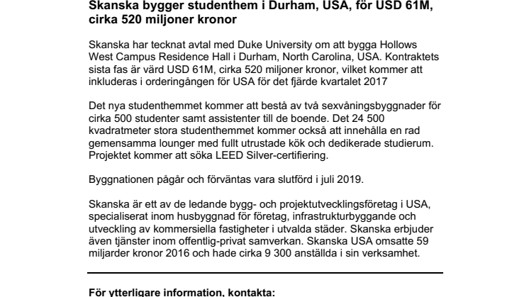 Skanska bygger studenthem i Durham, USA, för USD 61M, cirka 520 miljoner kronor