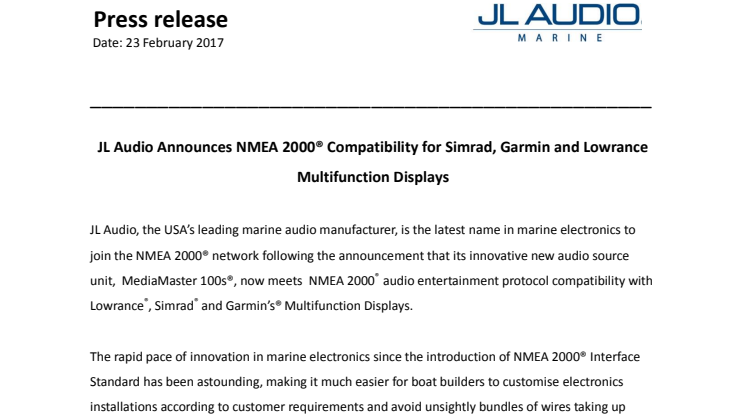 JL Audio: JL Audio Announces NMEA 2000® Compatibility for Simrad, Garmin and Lowrance Multifunction Displays