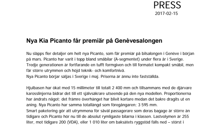  Nya Kia Picanto får premiär på Genèvesalongen
