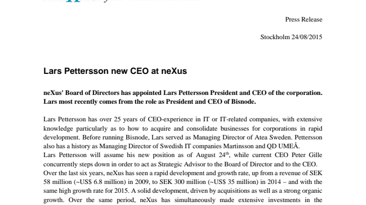 Lars Pettersson new CEO at neXus