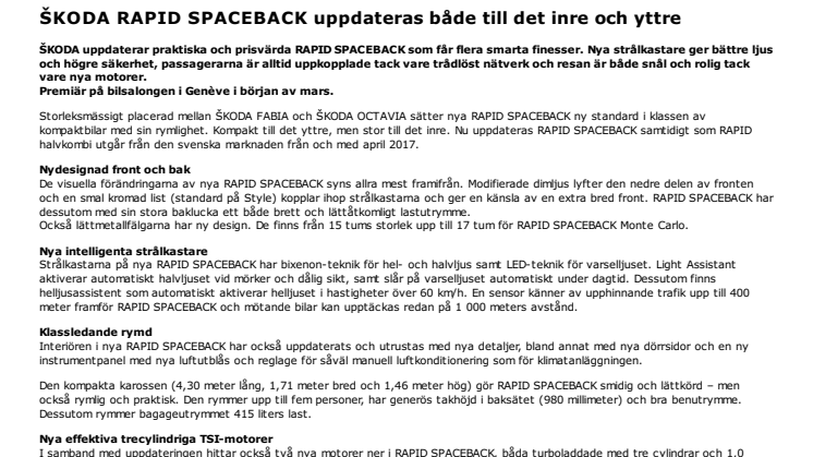 ŠKODA RAPID SPACEBACK uppdateras både till det inre och yttre