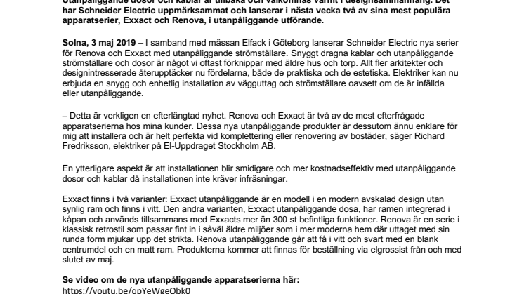 Schneider Electric lanserar efterlängtade utanpåliggande apparatserier av svenskarnas favoriter