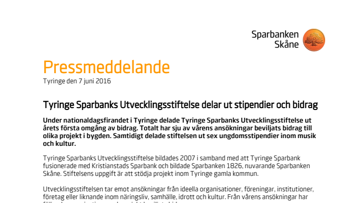 Tyringe Sparbanks Utvecklingsstiftelse delar ut stipendier och bidrag