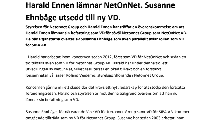 Harald Ennen lämnar NetOnNet. Susanne Ehnbåge utsedd till ny VD.     