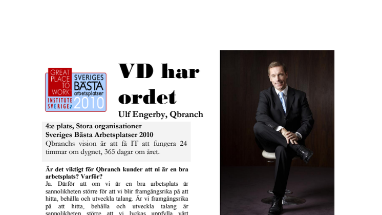 VD har Ordet! Ulf Engerby - Qbranch - Sveriges Bästa Arbetsplatser 2010 