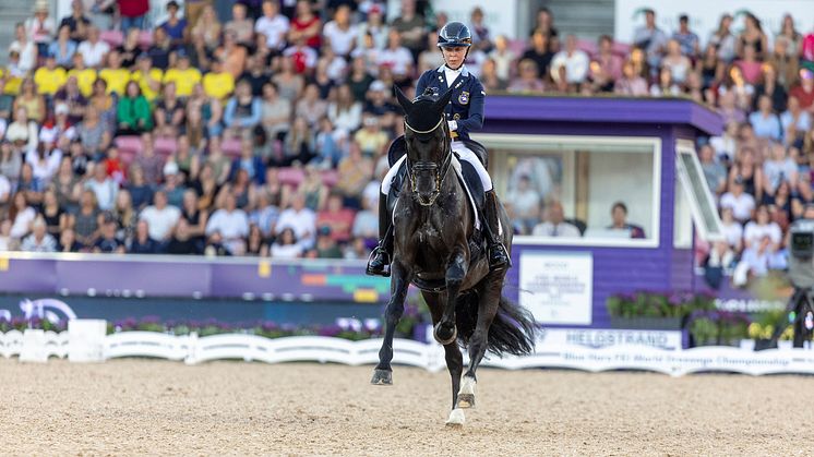 Therese Nilshagen och Dante Weltino OLD på VM i Herning där svenska laget slutade fyra och kvalade till OS i Paris. Foto: Roland Thunholm