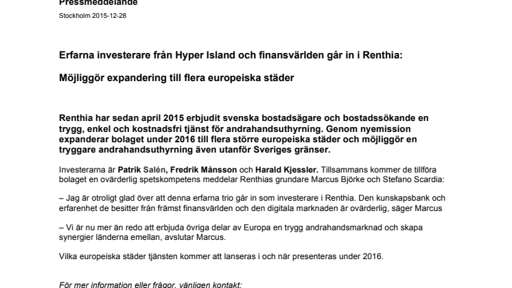 Erfarna investerare från Hyper Island och finansvärlden går in i Renthia:  Möjliggör expandering till flera europeiska städer