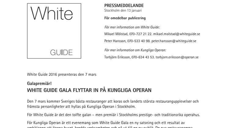 White Guide Gala flyttar in på Kungliga Operan