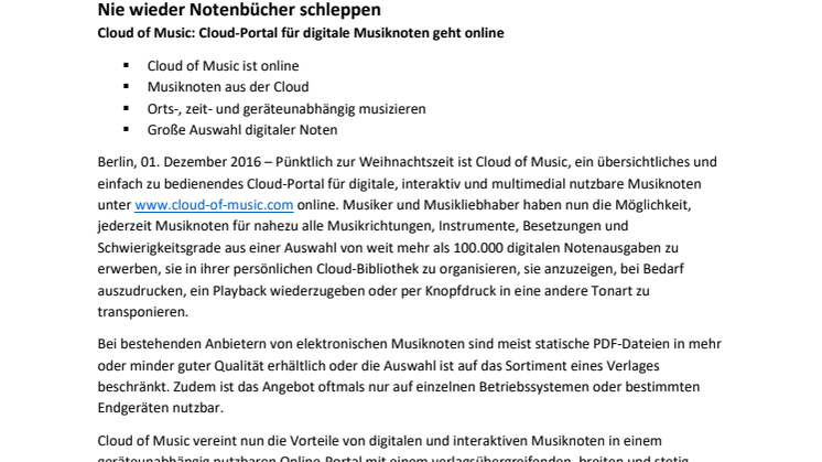 Nie wieder Notenbücher schleppen - Cloud of Music: Cloud-Portal für digitale Musiknoten geht online