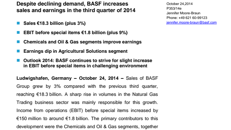 BASF øger omsætning og indtjening i tredje kvartal 2014, trods faldende efterspørgsel