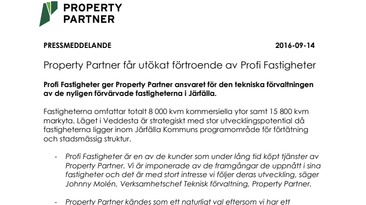 Property Partner får utökat förtroende av Profi Fastigheter