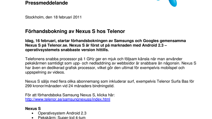 Förhandsbokning av Nexus S hos Telenor 