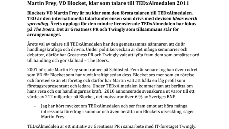 Martin Frey, VD Blocket, klar som talare till TEDxAlmedalen 2011