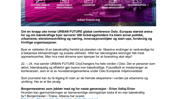 Nedtellingen har startet - URBAN FUTURE Global Conference | 22. – 24. mai 2019 | Oslo