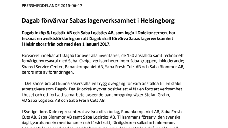 Dagab förvärvar Sabas lagerverksamhet i Helsingborg