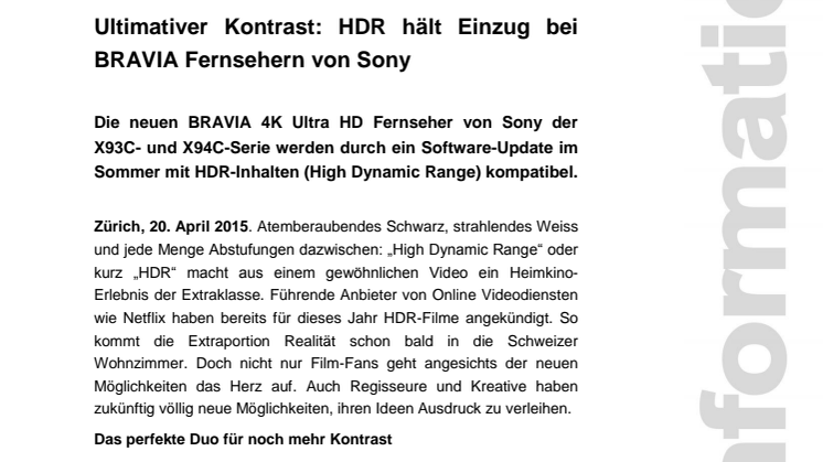 Medienmitteilung BRAVIA HDR Update von Sony