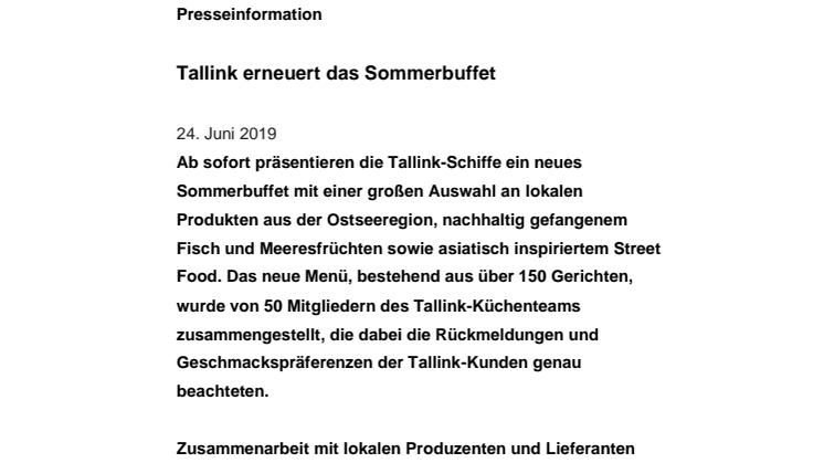 Tallink erneuert das Sommerbuffet