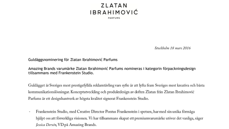 Guldäggsnominering till Amazing Brands och Zlatan Ibrahimović Parfums 