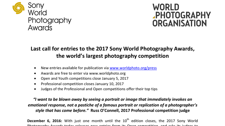 ​Siste sjanse til å delta i Sony World Photography Awards 2017