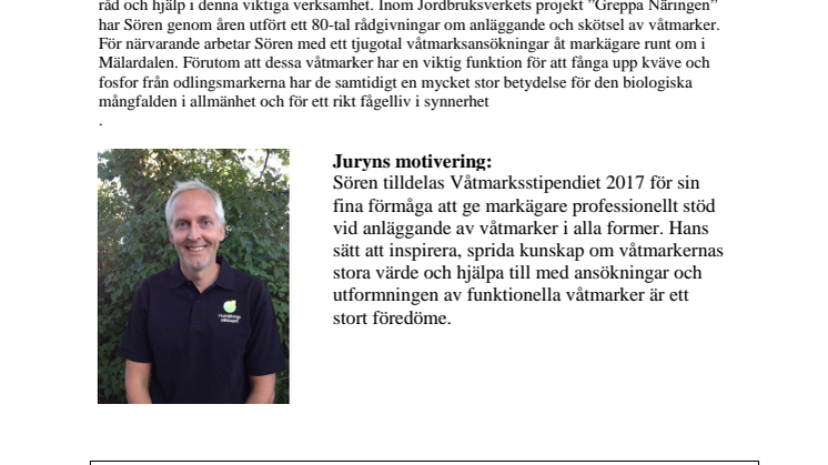 Årets våtmarksstipendiat är Sören Eriksson, Uppsala 