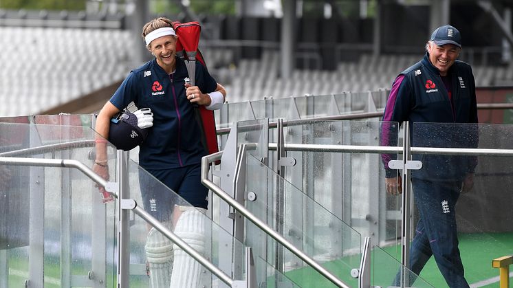 England Test captain Joe Root enjoys a laugh with Head Coach Chris Silverwood at Emirates Old Trafford (Getty Images)