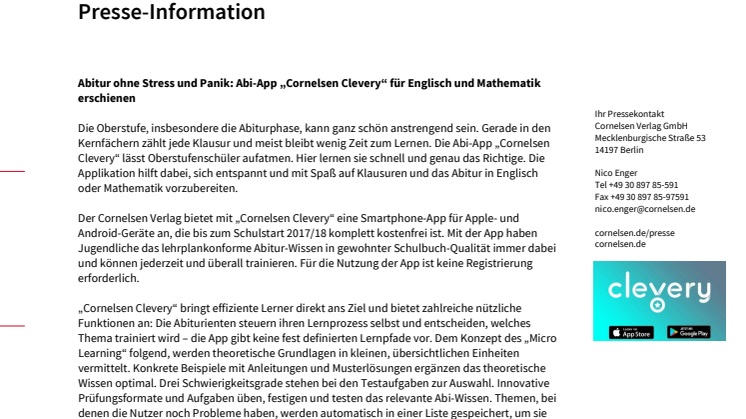 Abitur ohne Stress und Panik: Abi-App „Cornelsen Clevery“ für Englisch und Mathematik erschienen 