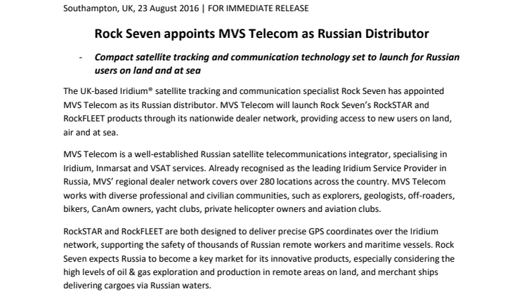 Rock Seven: MVS Telecom Appointed as Russian Distributor 