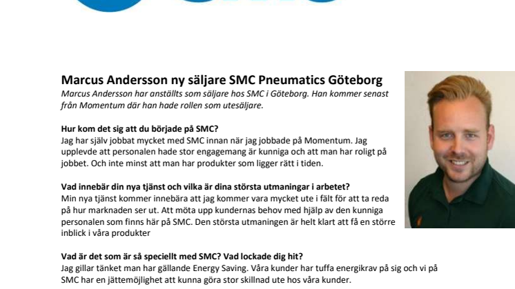 Marcus Andersson ny säljare SMC Pneumatics Göteborg