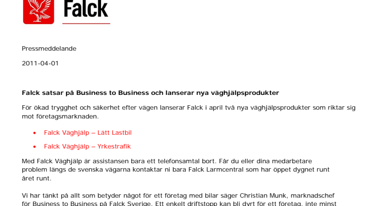 Falck satsar på Business to Business och lanserar nya väghjälpsprodukter